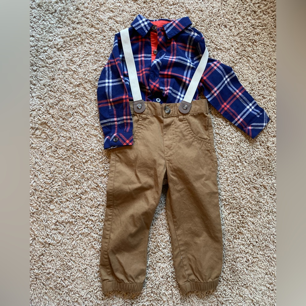 Cat & Jack Boys Button Up Flannel One-Piece with Khakis & Suspenders, 18 month